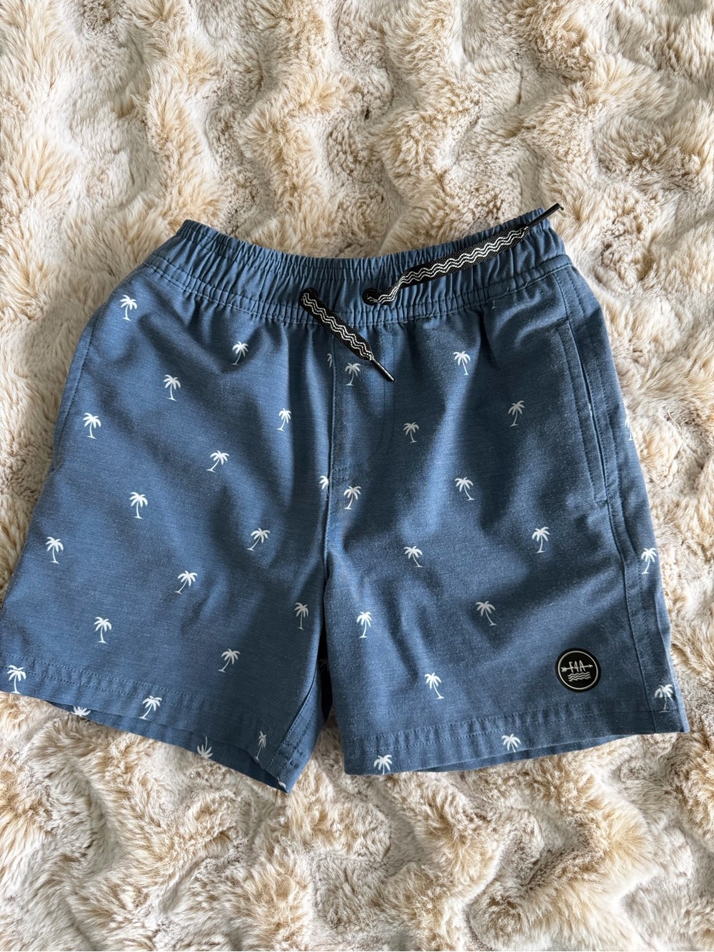 Boys Palm-Print Athletic Drawstring Shorts in Blue
